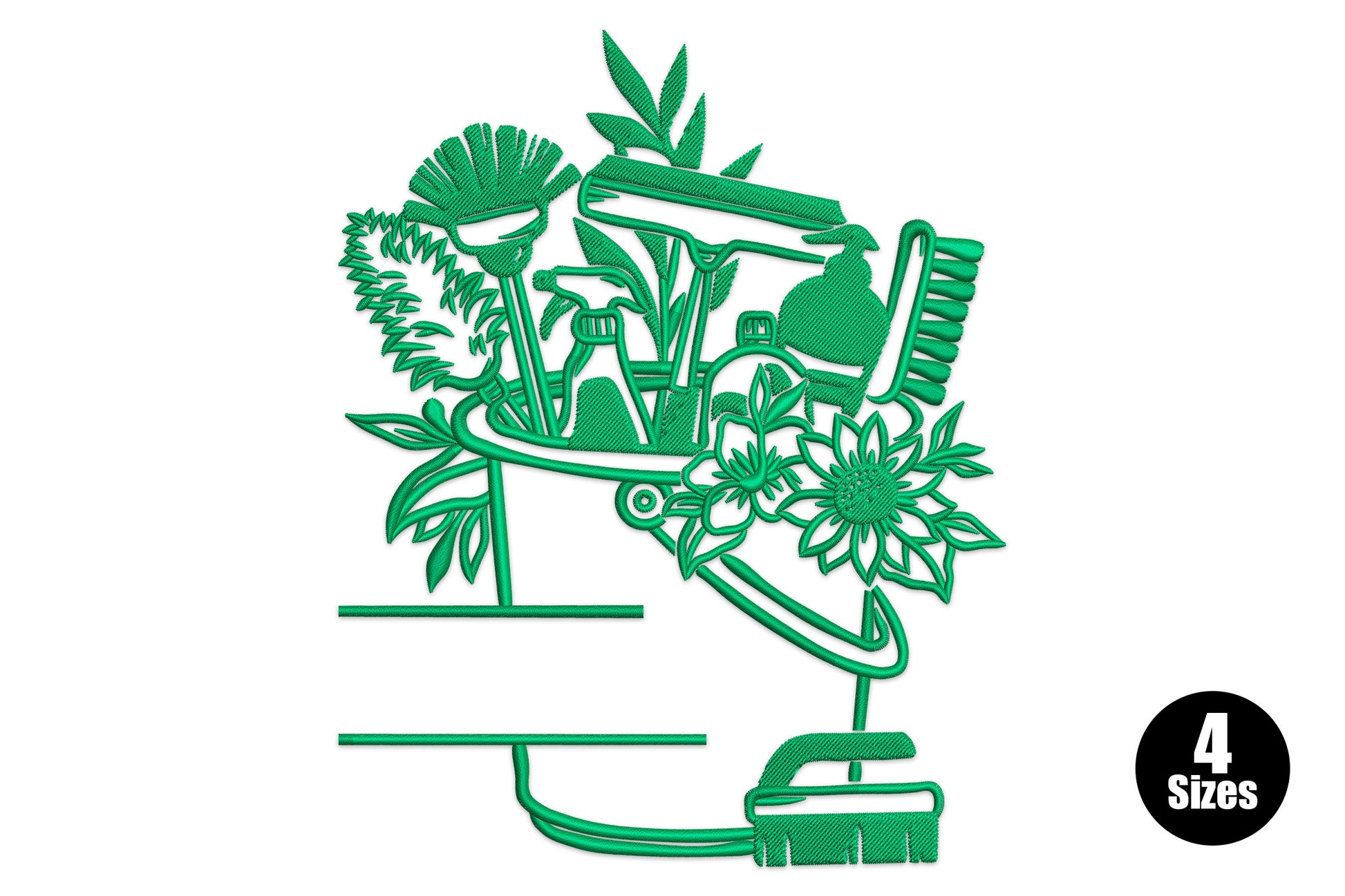 Cleaning supplies floral bucket embroidery design, teal green spray bottle brush broom and daisy in bucket