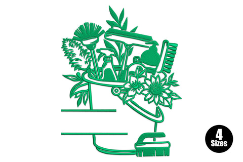 Cleaning supplies floral bucket embroidery design, teal green spray bottle brush broom and daisy in bucket