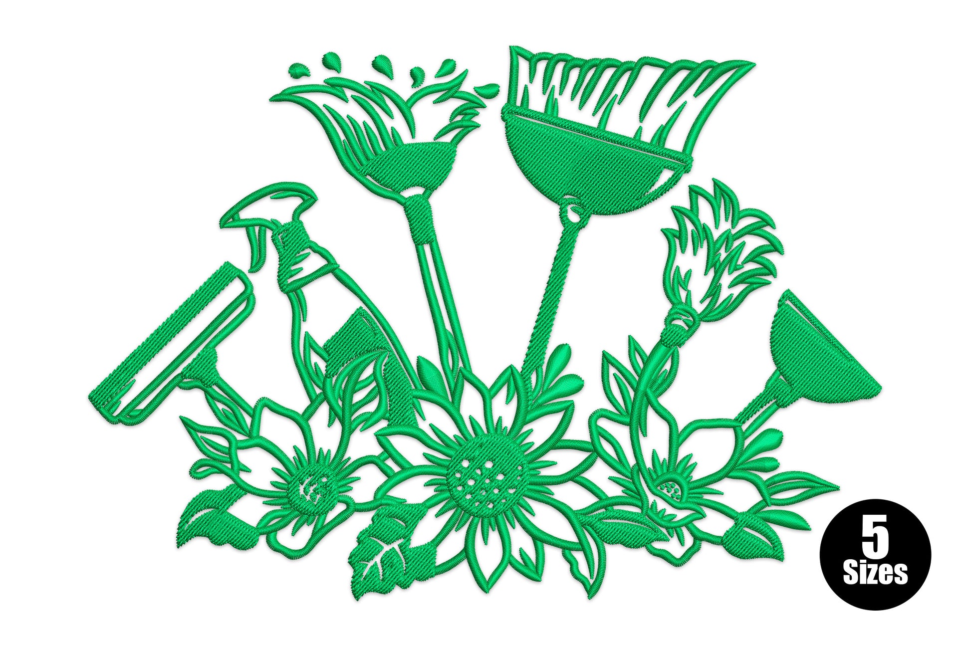 Cleaning tools floral machine embroidery design, rake mop spray bottle with botanicals, green thread, 5 sizes 3-6 inch