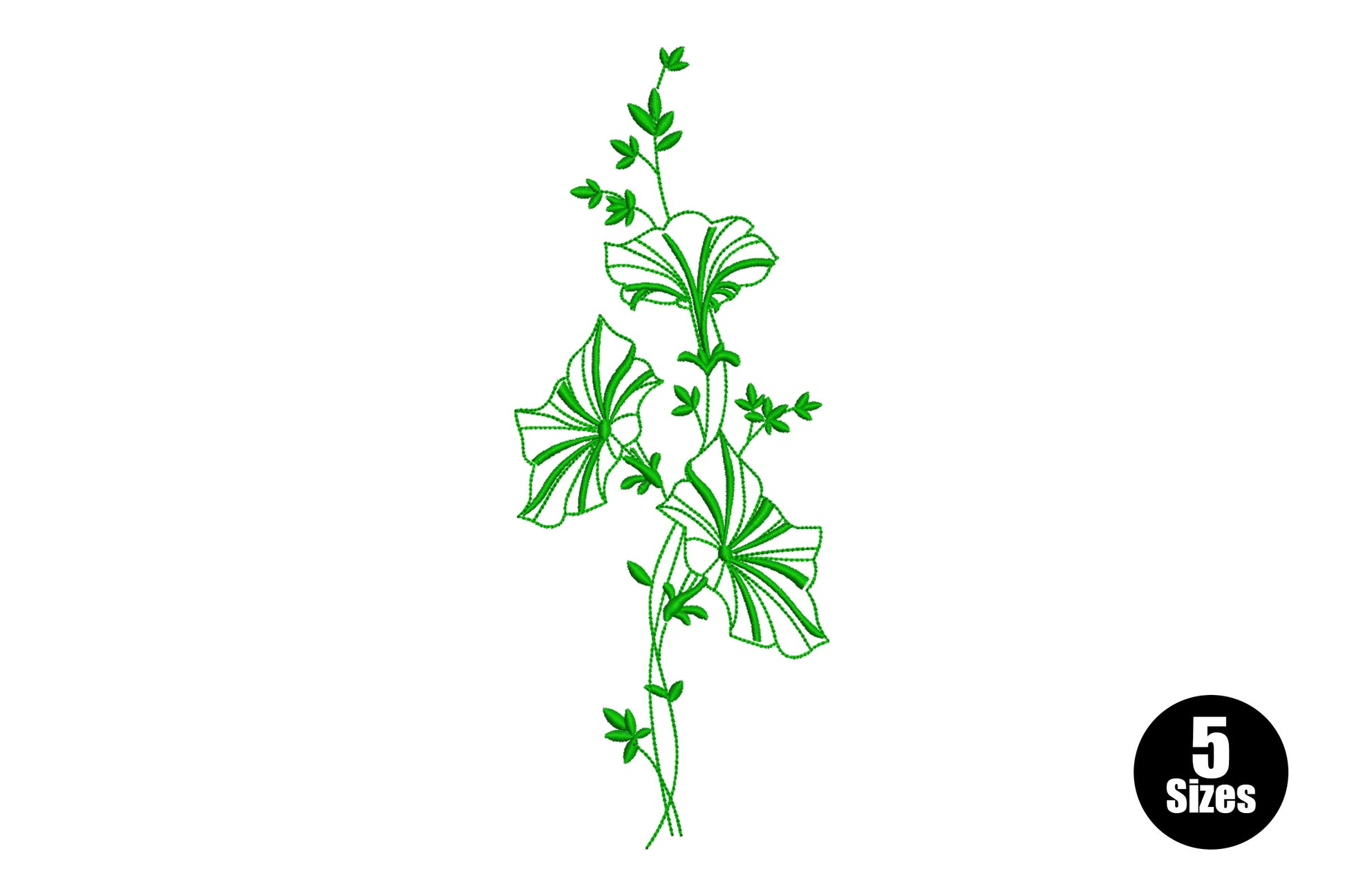 Climbing vine floral embroidery design with open trumpet flowers and leaf clusters in dark green outline style on white.