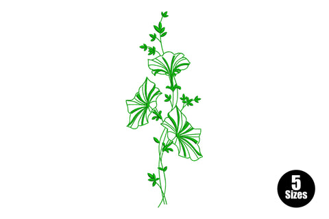 Climbing vine floral embroidery design with open trumpet flowers and leaf clusters in dark green outline style on white.
