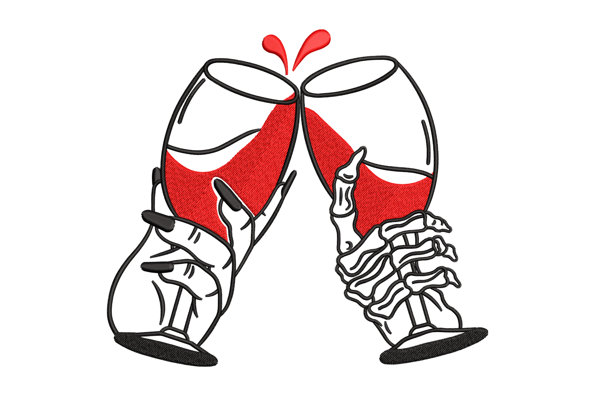 Two wine glasses clinking embroidery design in 2 colours, stems crossed and rims touching, 4 sizes up to 6.66 inches wide.