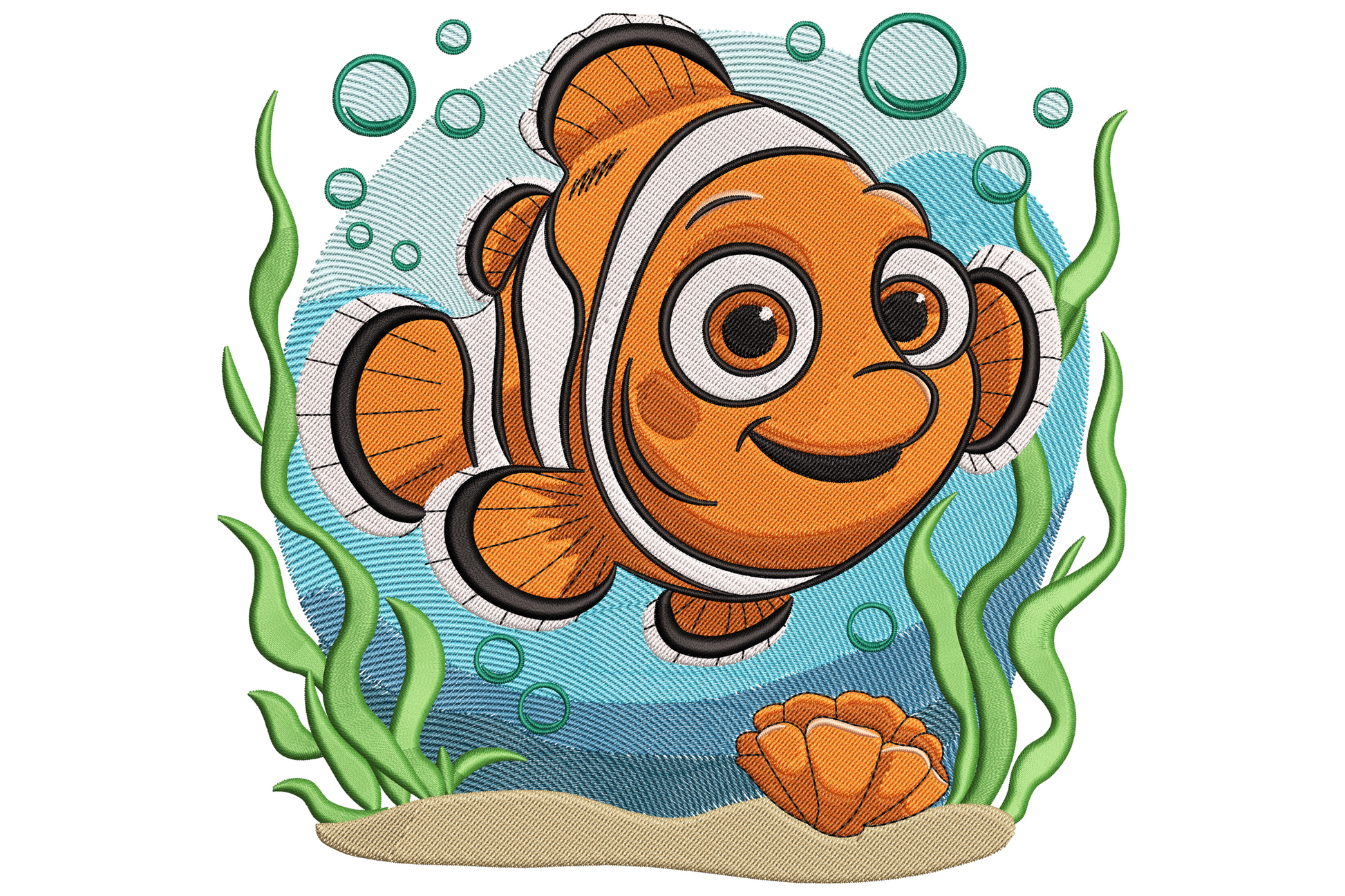 Clownfish underwater embroidery, vivid orange fish with white stripes in coral anemone reef scene with aqua blue background wash.