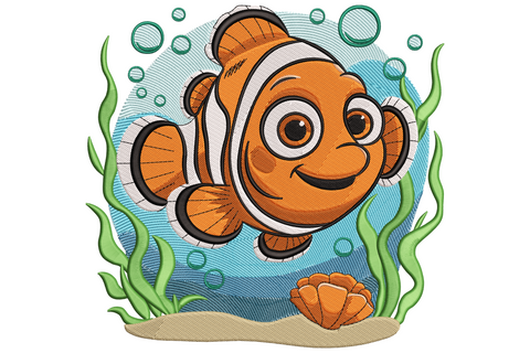Clownfish underwater embroidery, vivid orange fish with white stripes in coral anemone reef scene with aqua blue background wash.