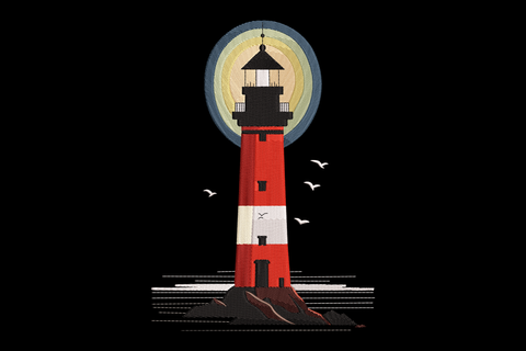 Illustration of a lighthouse with a red and white base on a black background