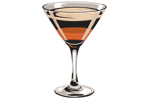 Cocktail glass embroidery design with layered amber, peach and rust satin fill and bold black outline on white background.