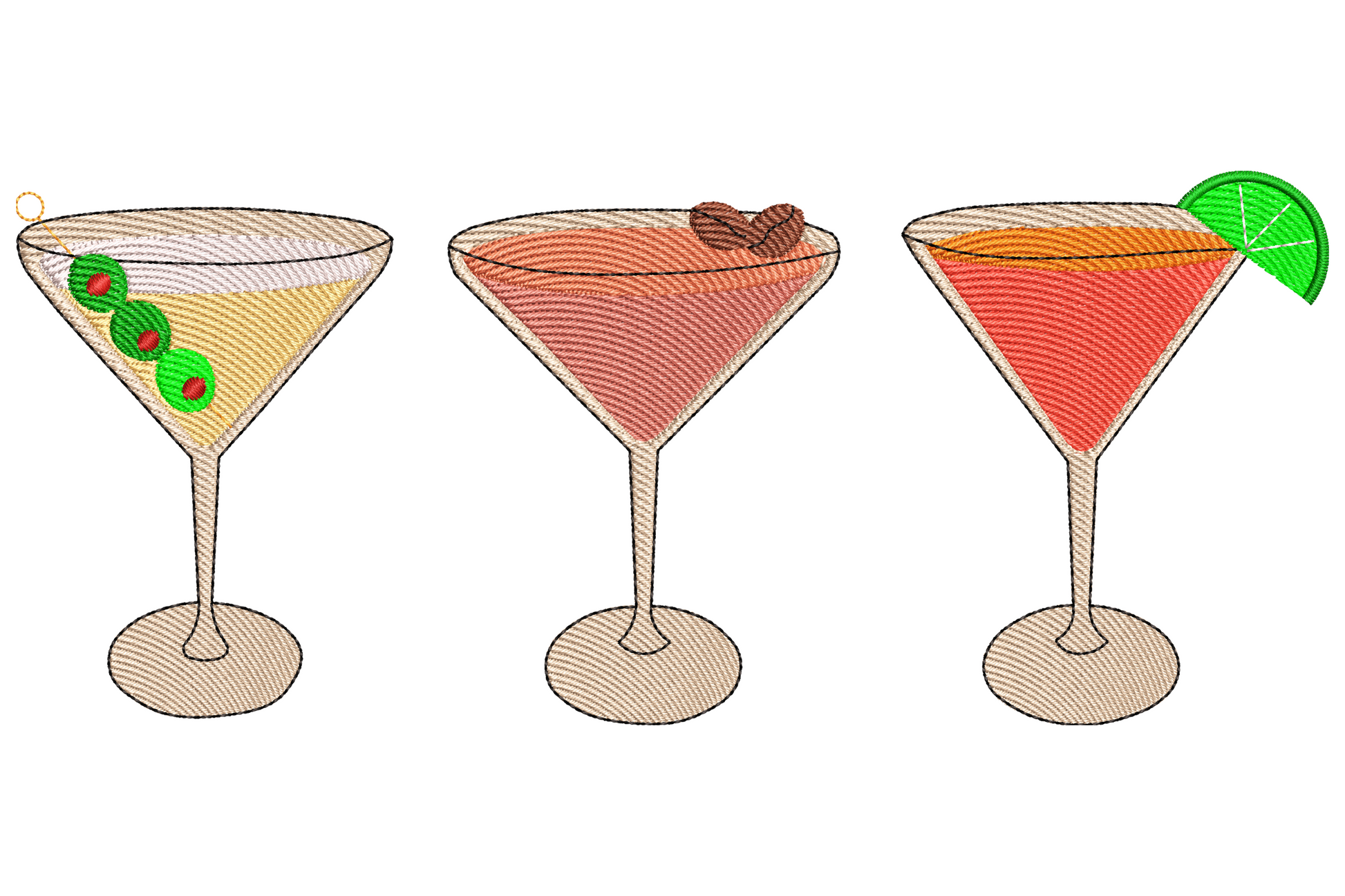 Cocktail glasses trio embroidery, martini, highball and coupe in ruby red, teal and champagne gold on cream canvas.