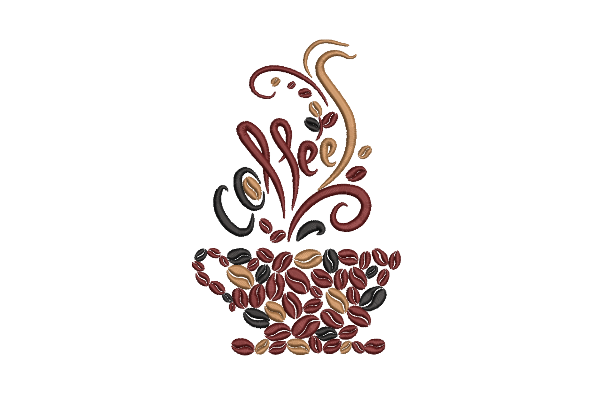 Coffee bean cup embroidery, cup shape built from packed beans in brown red and black, cursive Coffee steam above, 5 sizes