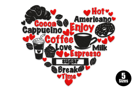 Coffee break heart embroidery design, heart filled with coffee words and icons in black and red, 5 sizes 4 to 8 inches wide