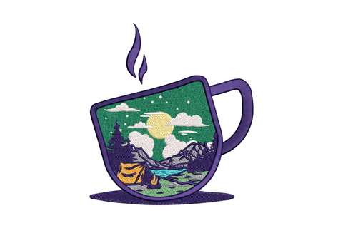 Machine embroidery design of a coffee mug filled with a camping scene including mountains, tent, campfire and pine trees, 9 colours, 5 sizes.