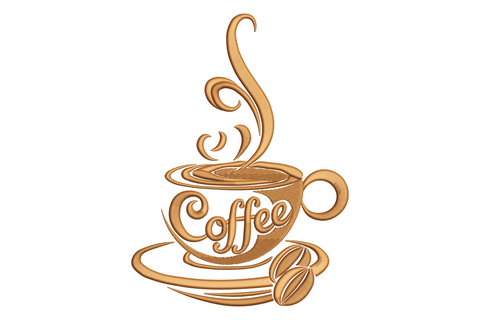 Brown coffee cup embroidery, cursive Coffee text, steam swirls and beans on saucer, single-color cafe kitchen pattern