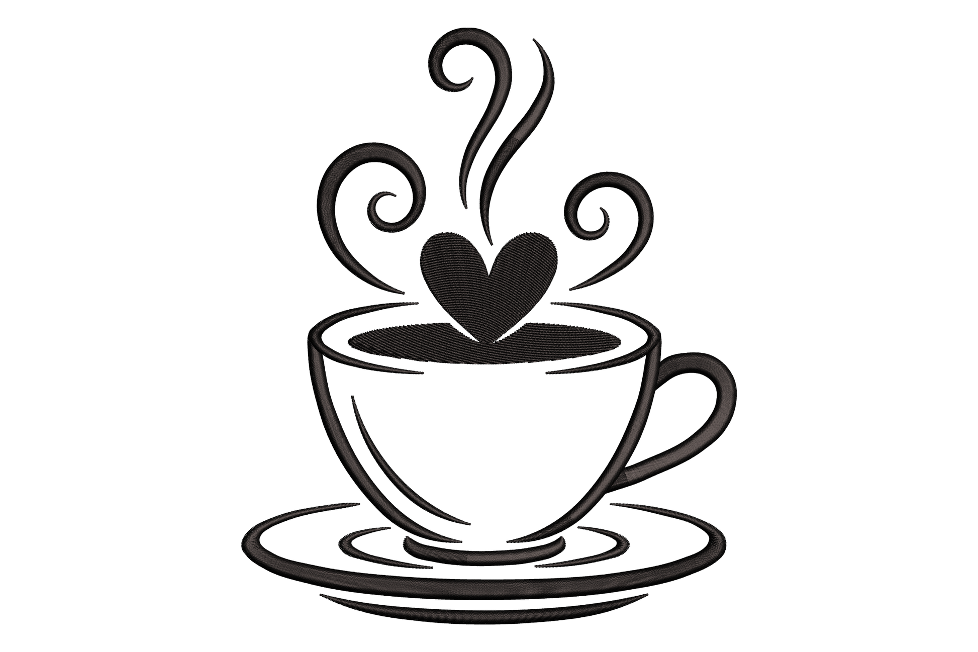 Black silhouette of a coffee cup with steam and heart shape embroidery design