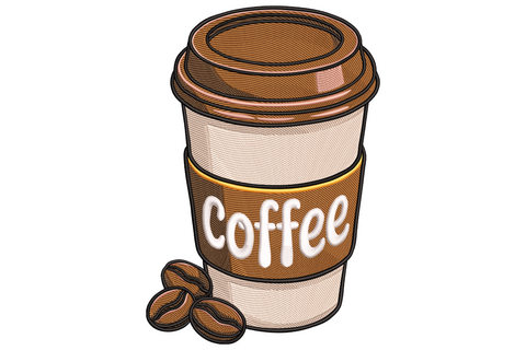 Takeaway coffee cup embroidery with brown lid, orange band, cursive Coffee text and three beans