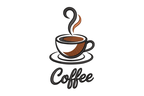 Illustration of a coffee cup with steam and the word 'Coffee' embroidery design