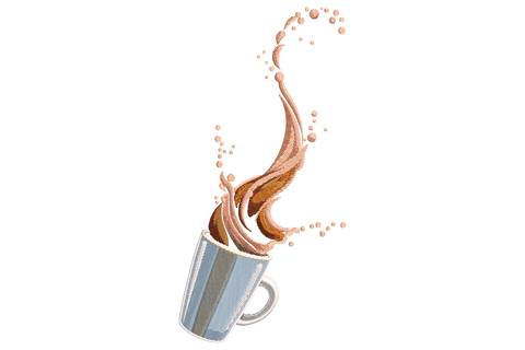 Coffee cup splash embroidery design showing a tilted blue and white striped mug with caramel coffee leaping out in a wave.