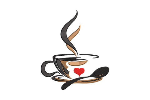 Coffee cup with heart embroidery design, black and brown sketchy cup with red heart detail and steam curls, 5 sizes