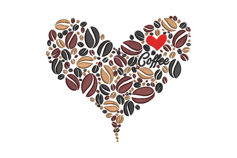 Coffee heart embroidery, heart filled with beans in black burgundy and tan, red heart and Coffee script inside, 4 sizes