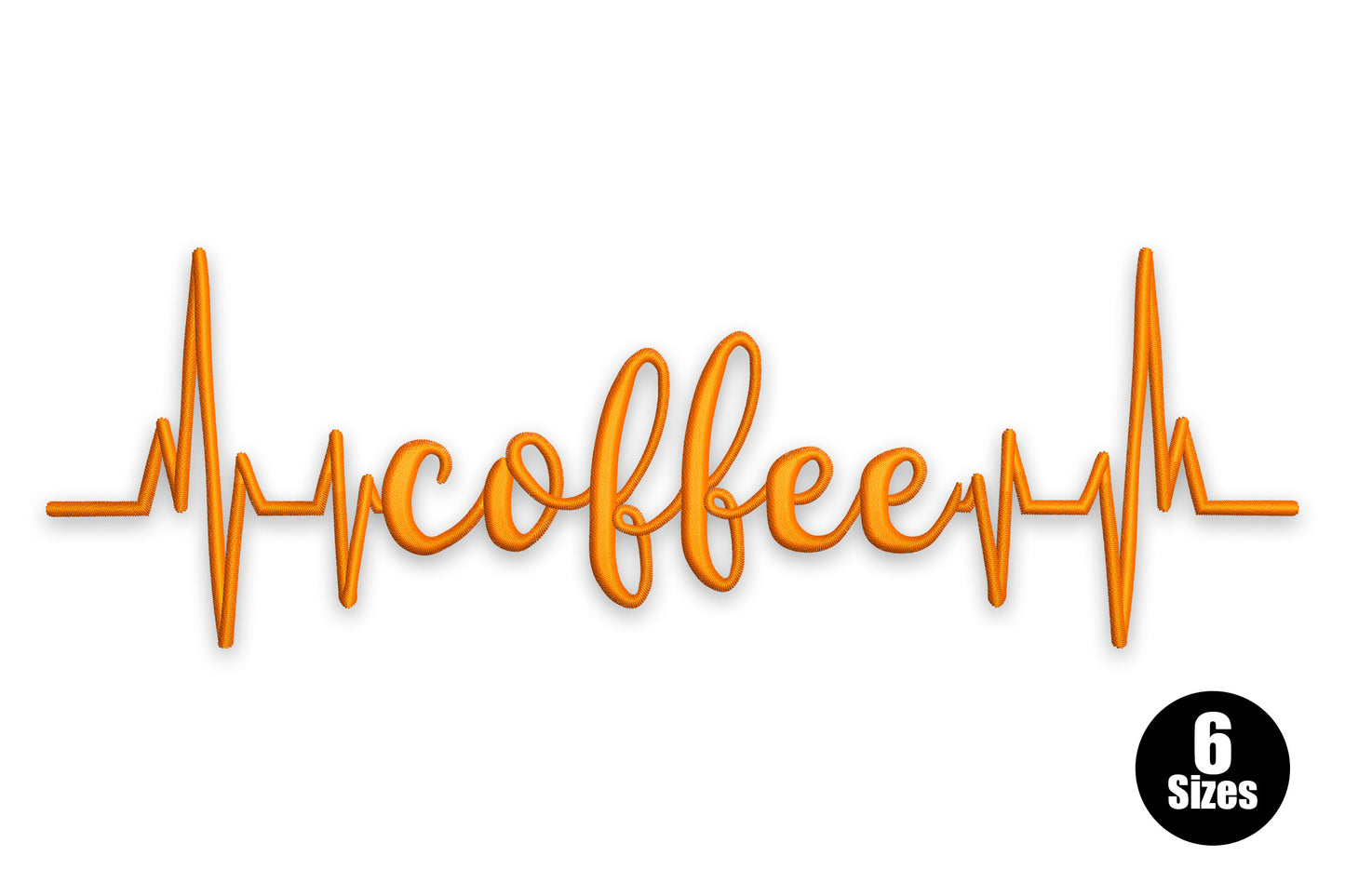 Coffee heartbeat ECG embroidery in orange, cursive coffee word replacing the ECG spike, flat horizontal banner design, 6 sizes.