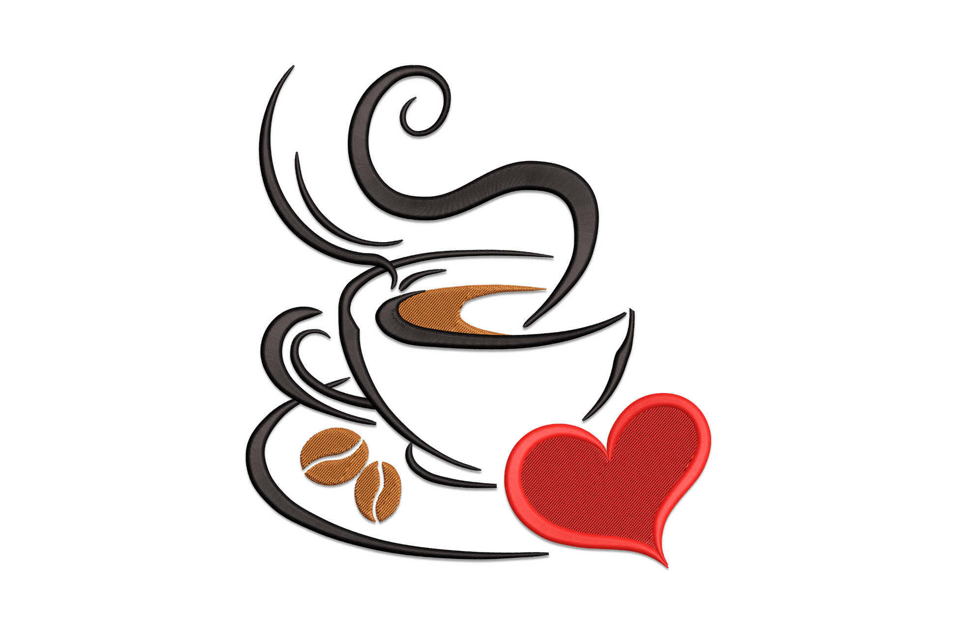 Stylised black coffee cup with curling steam and bronze coffee beans beside a large red solid heart, kitchen embroidery design