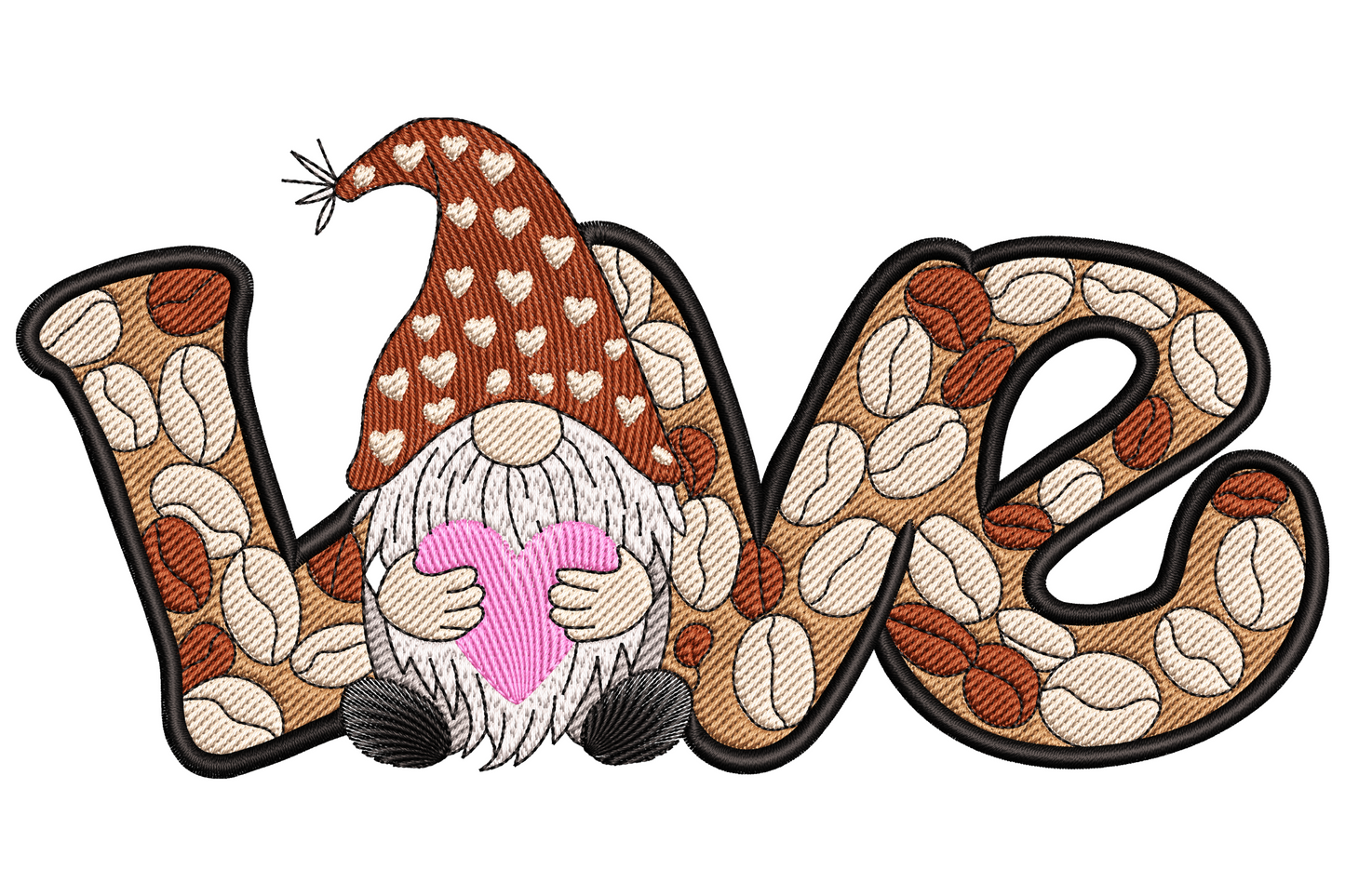 Coffee love gnome embroidery design with tall red and white striped hat, fluffy cream beard and a steaming brown mug.