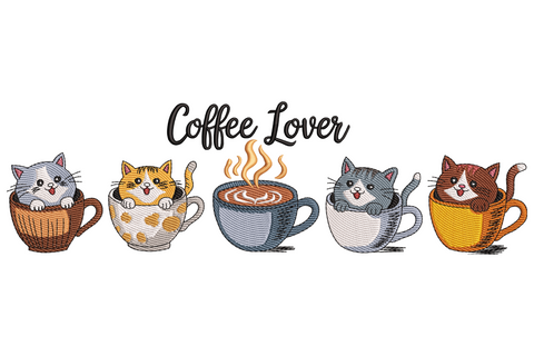 Embroidery design of five cartoon cats sitting in a row of different coffee cups with Coffee Lover script above, wide horizontal banner format in warm multicolour fills.