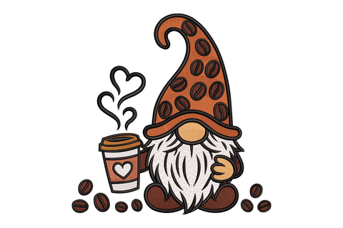 Cartoon gnome with coffee cup and coffee beans on a white background