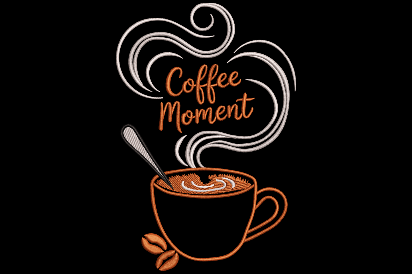 Coffee Moment embroidery design with a round coffee cup, spoon, and large decorative swirling steam containing brushstroke script lettering.