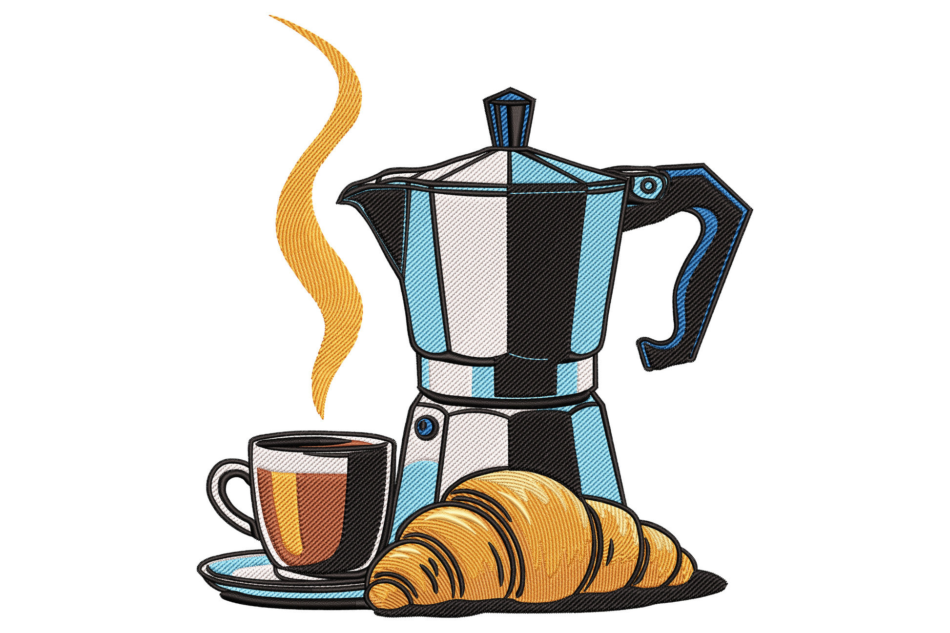 Coffee pot and croissant embroidery design, moka pot with golden croissant in 11 colours, cafe illustration style, nearly square at 3.24 inches wide.