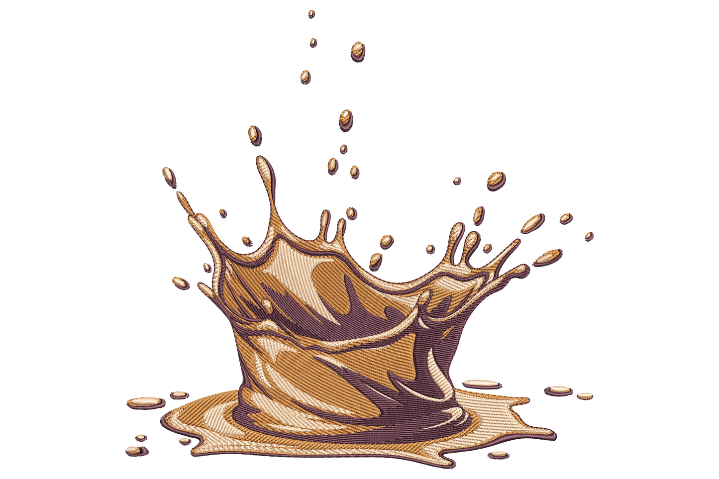 Coffee splash embroidery design, crown-shaped engraved espresso brown splash with flying droplets above a puddle.