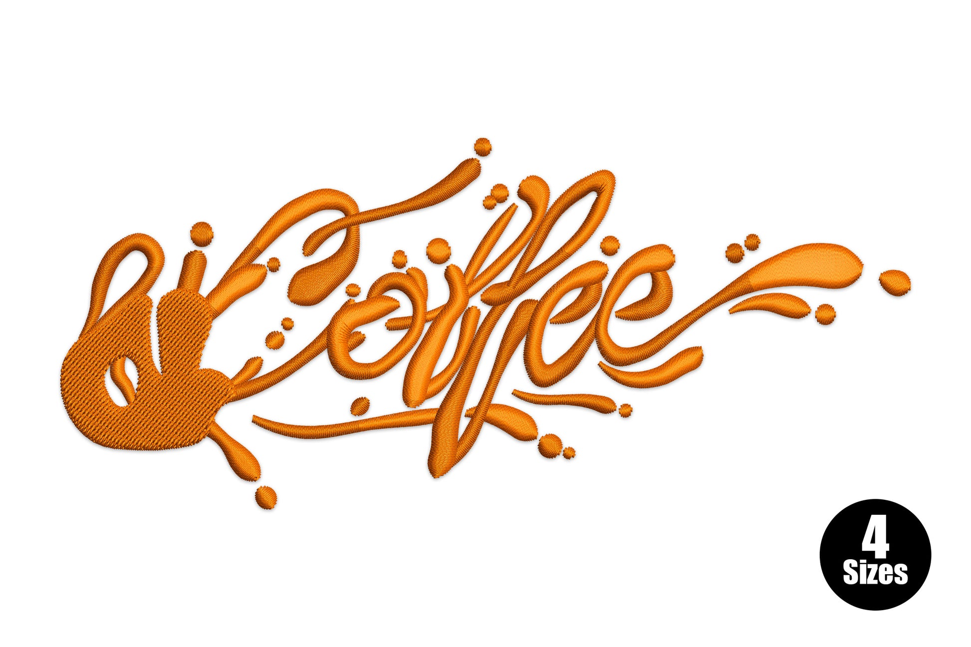 Coffee splash graffiti script with small cup silhouette and liquid blobs in orange-brown, wide horizontal design, 4 sizes.