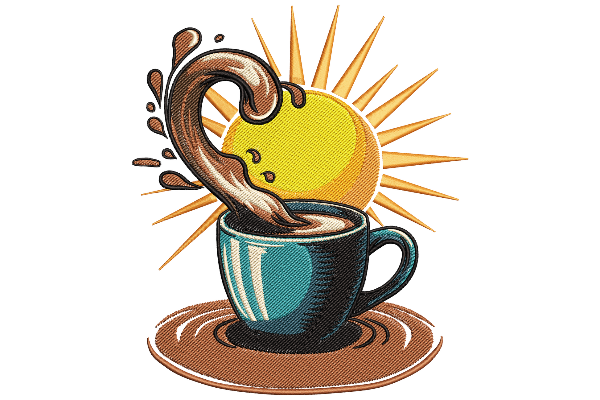Coffee splash and sunrise embroidery design with teal mug, curling brown coffee splash, and yellow sun with rust rays.