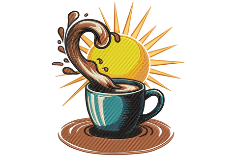 Coffee splash and sunrise embroidery design with teal mug, curling brown coffee splash, and yellow sun with rust rays.