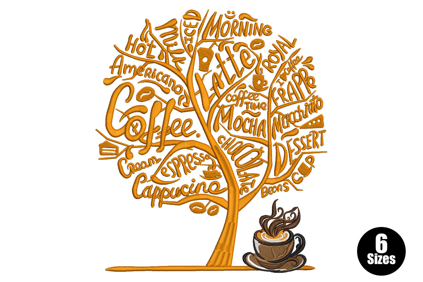 Coffee tree typography embroidery, amber word-tree with espresso terms in the canopy and a steaming cup at the base.