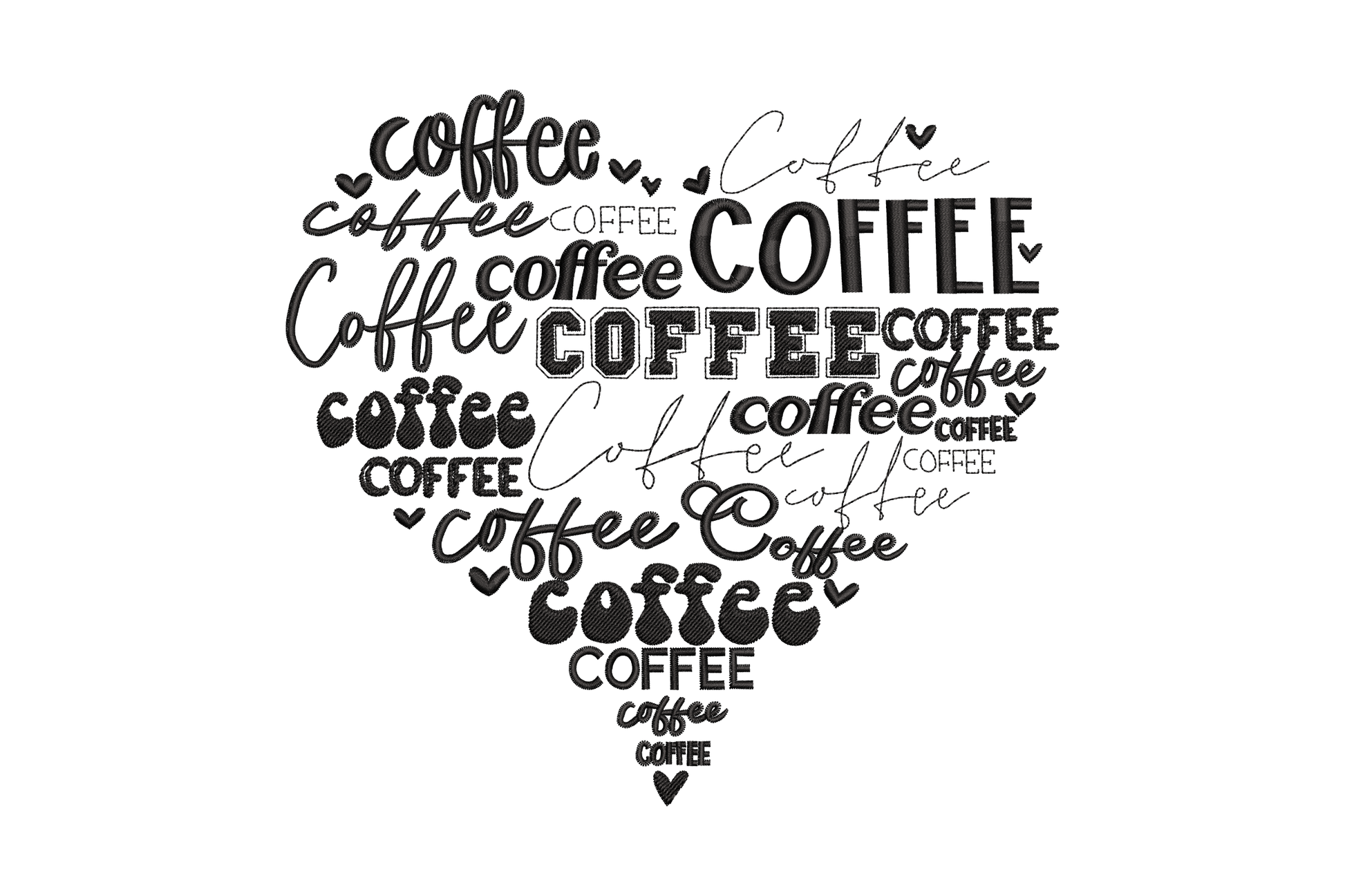 Coffee typography heart with the word coffee in multiple font styles forming a heart shape, black thread on white background