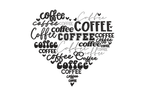 Coffee typography heart with the word coffee in multiple font styles forming a heart shape, black thread on white background