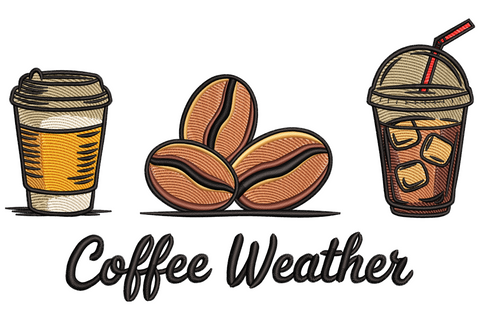 Coffee Weather embroidery design showing takeaway hot cup, two roasted coffee beans and iced drink with cursive script text below.