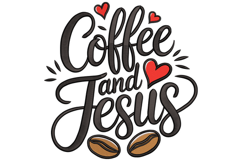 Line art coffee mug embroidery with steam curling up containing small cross, script reading coffee and jesus arcing above and below in classic kitchen style.