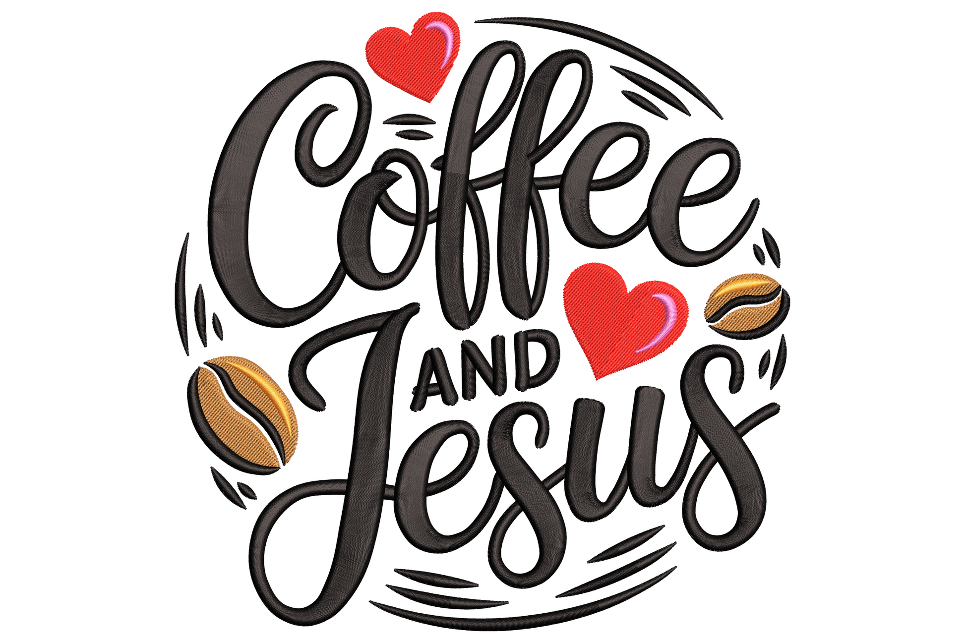 Coffee and Jesus embroidery design with bold black hand-lettered cursive text in a circular layout, two red hearts and two amber coffee beans scattered around the lettering.