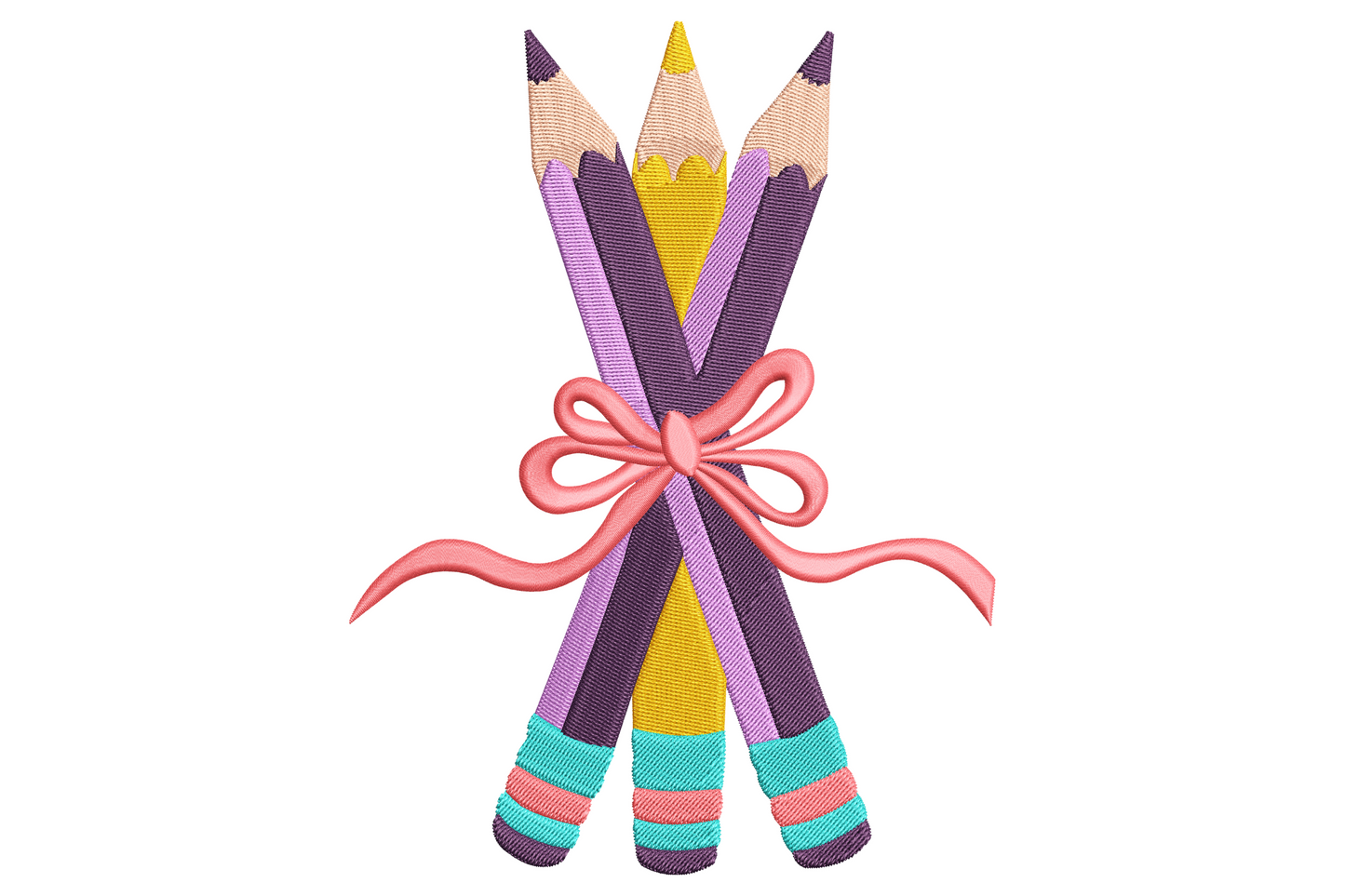 Three colored pencils embroidery design tied with pink bow, two purple pencils flanking yellow pencil with mint green erasers