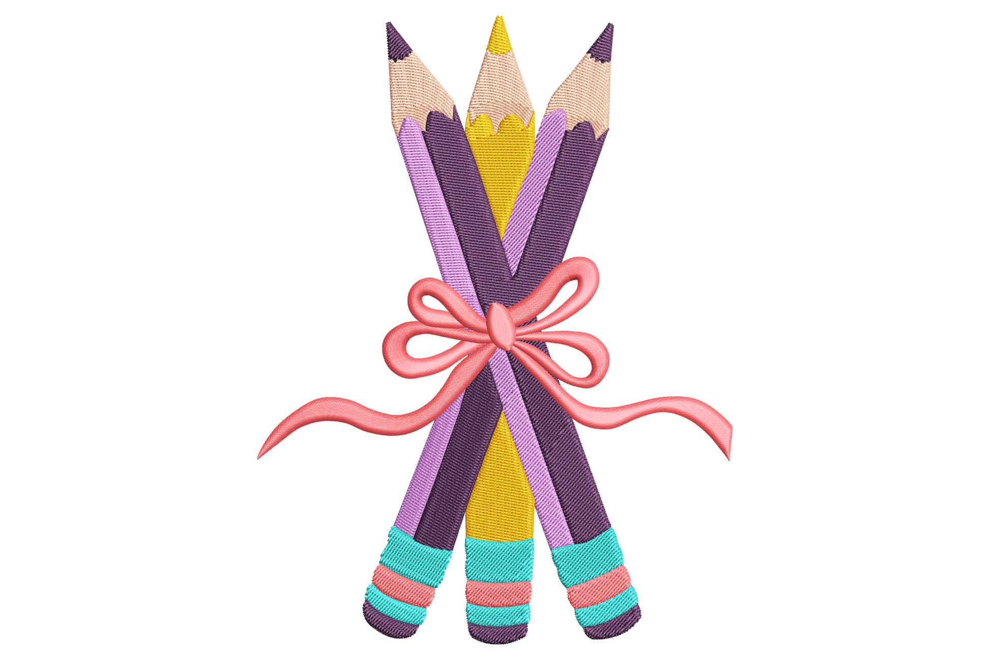 Three colored pencils embroidery design tied with pink bow, two purple pencils flanking yellow pencil with mint green erasers