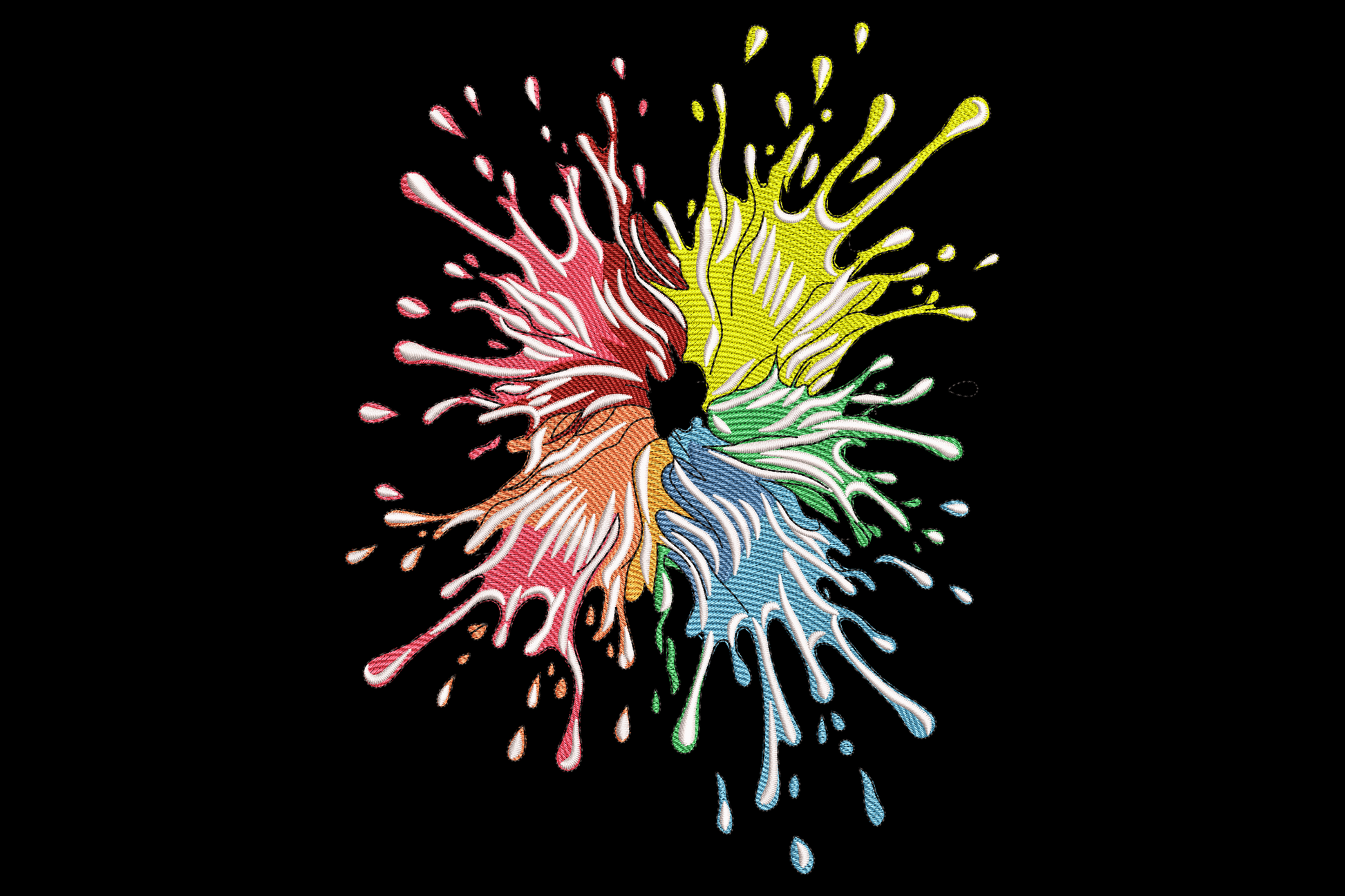 Color splash burst embroidery design with rainbow paint splatter rays in red, yellow, green and blue radiating outward.