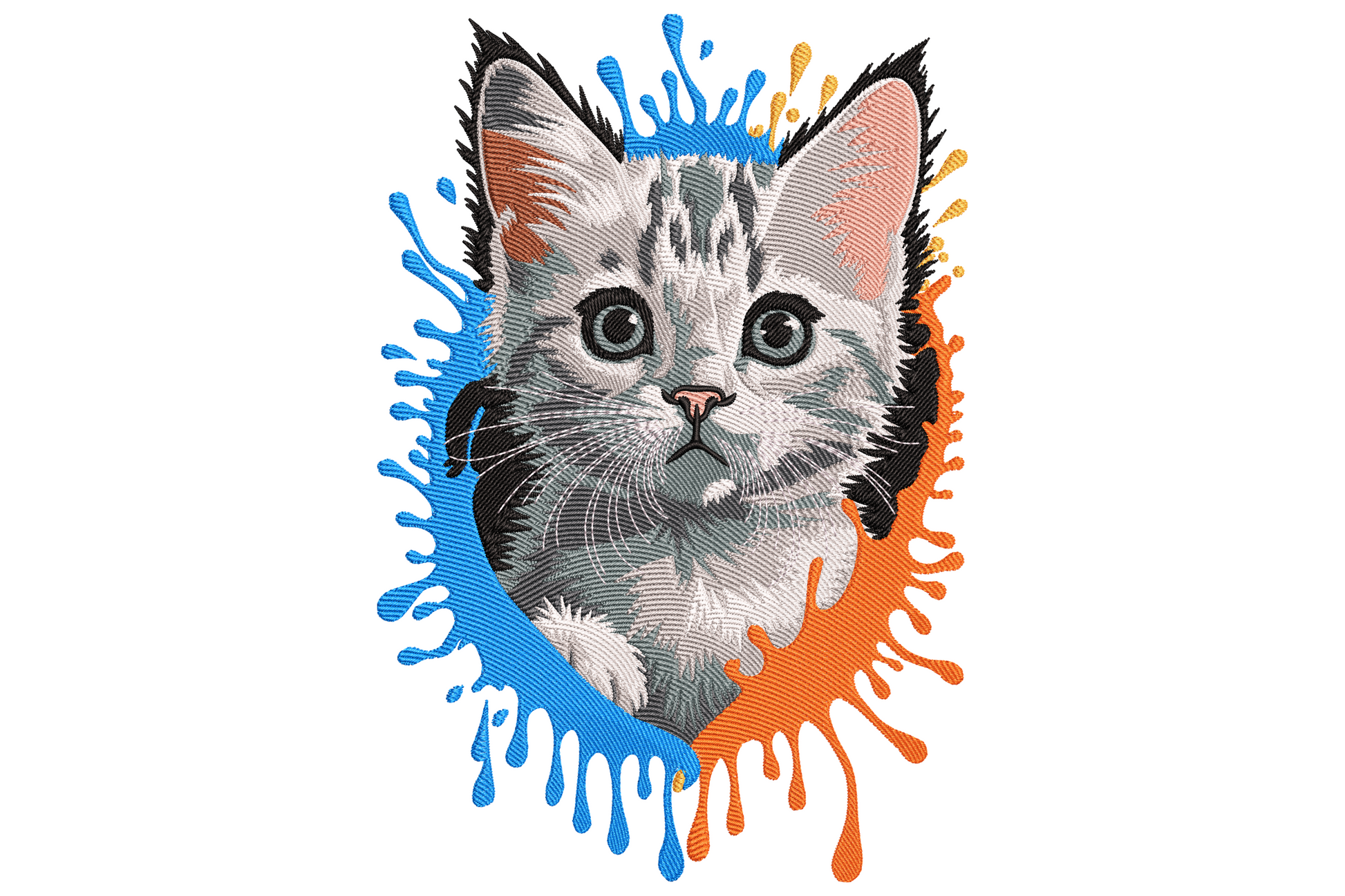 Realistic grey tabby kitten face embroidery design over a bright blue and orange paint splash splatter background.