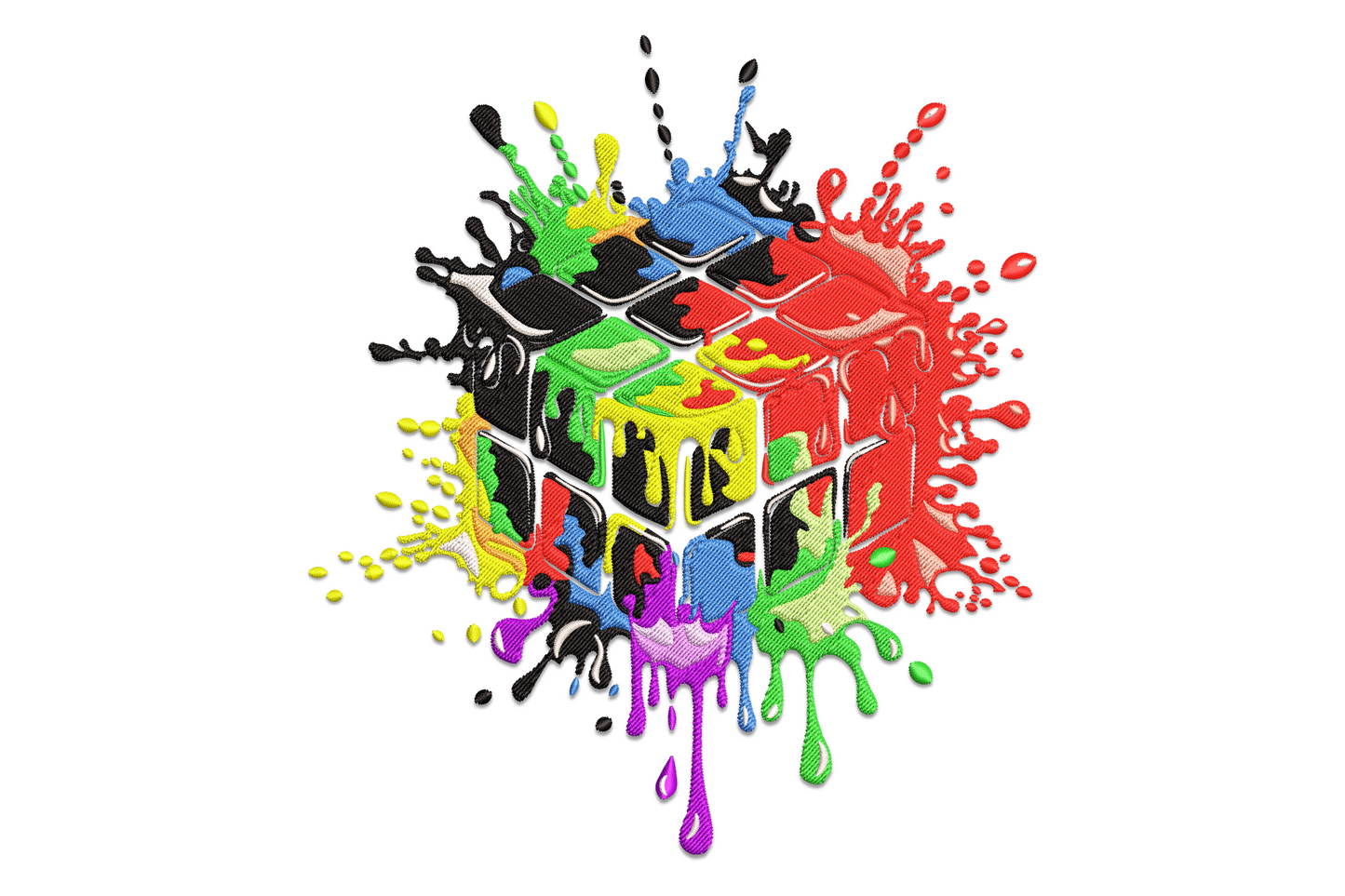 Color splash cube embroidery design with 12-color paint explosions bursting from a 3D isometric cube
