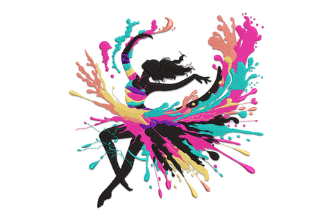 Color splash dancer embroidery design with a black silhouette mid-leap surrounded by explosive cyan, magenta, gold and coral paint burst fills.