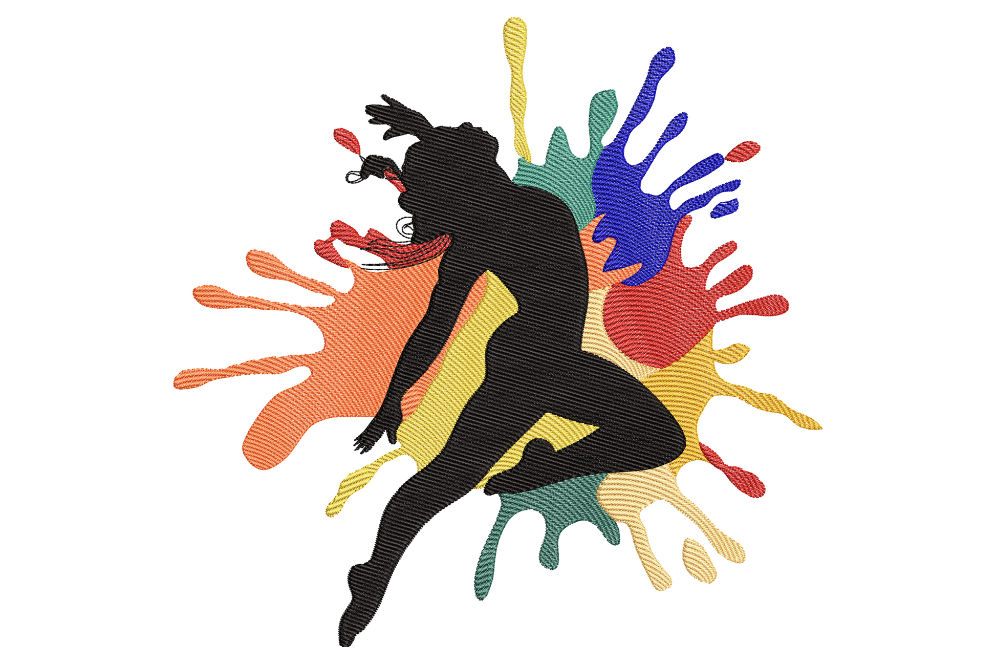 Color splash dancer silhouette embroidery design with black leaping figure over rainbow paint splatter burst.