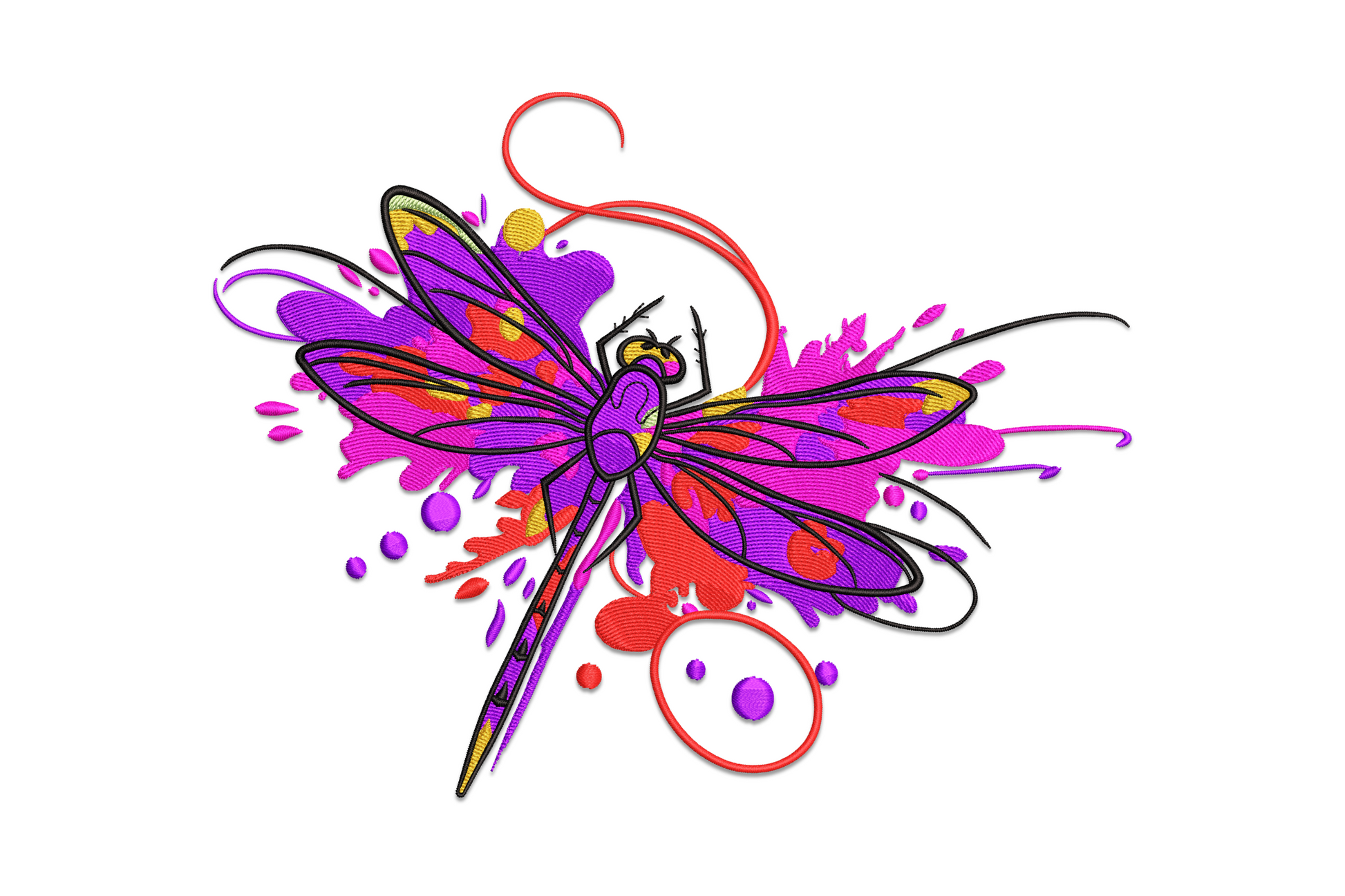 Dragonfly with colour splash background, 6-colour nature watercolour machine embroidery, 8 sizes 3.5 to 7.5 inches