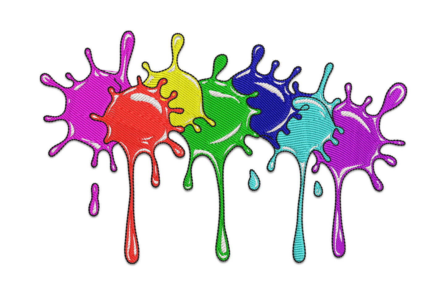 Color splash drip embroidery design with five bold paint splat blobs in red, yellow, green, aqua and purple with drip lines below.