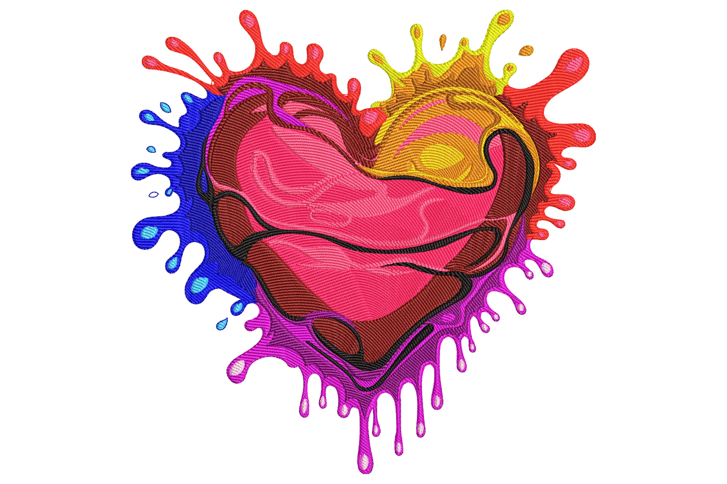 Glossy red heart with paint splash bursts in blue, yellow and magenta dripping down off the bottom edge.