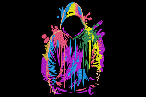 Color splash hoodie embroidery design featuring a faceless hooded figure built from neon paint strokes and splatter clouds.