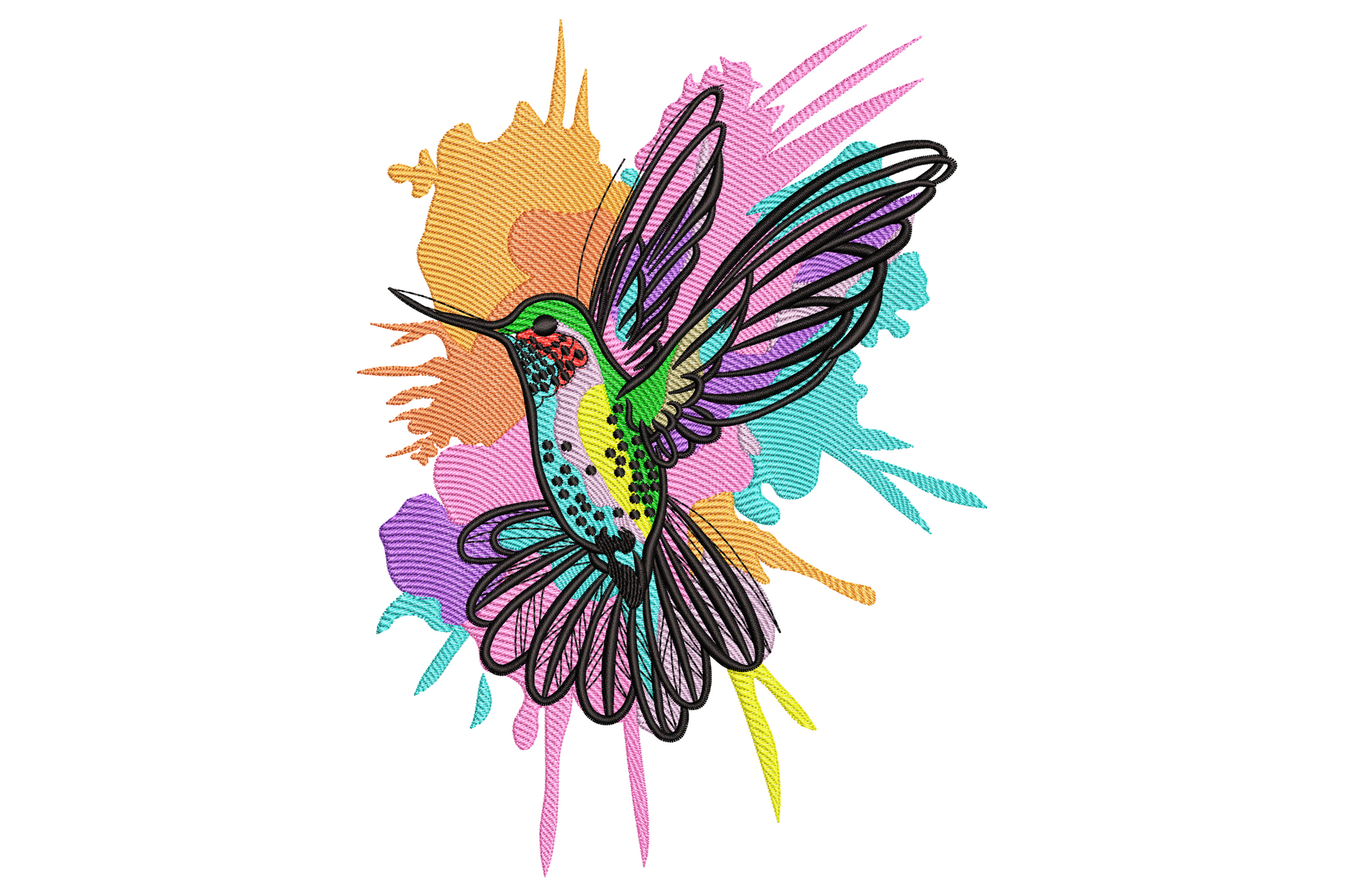 Color splash hummingbird embroidery design with green body, line-art wings and a rainbow watercolor splatter background.